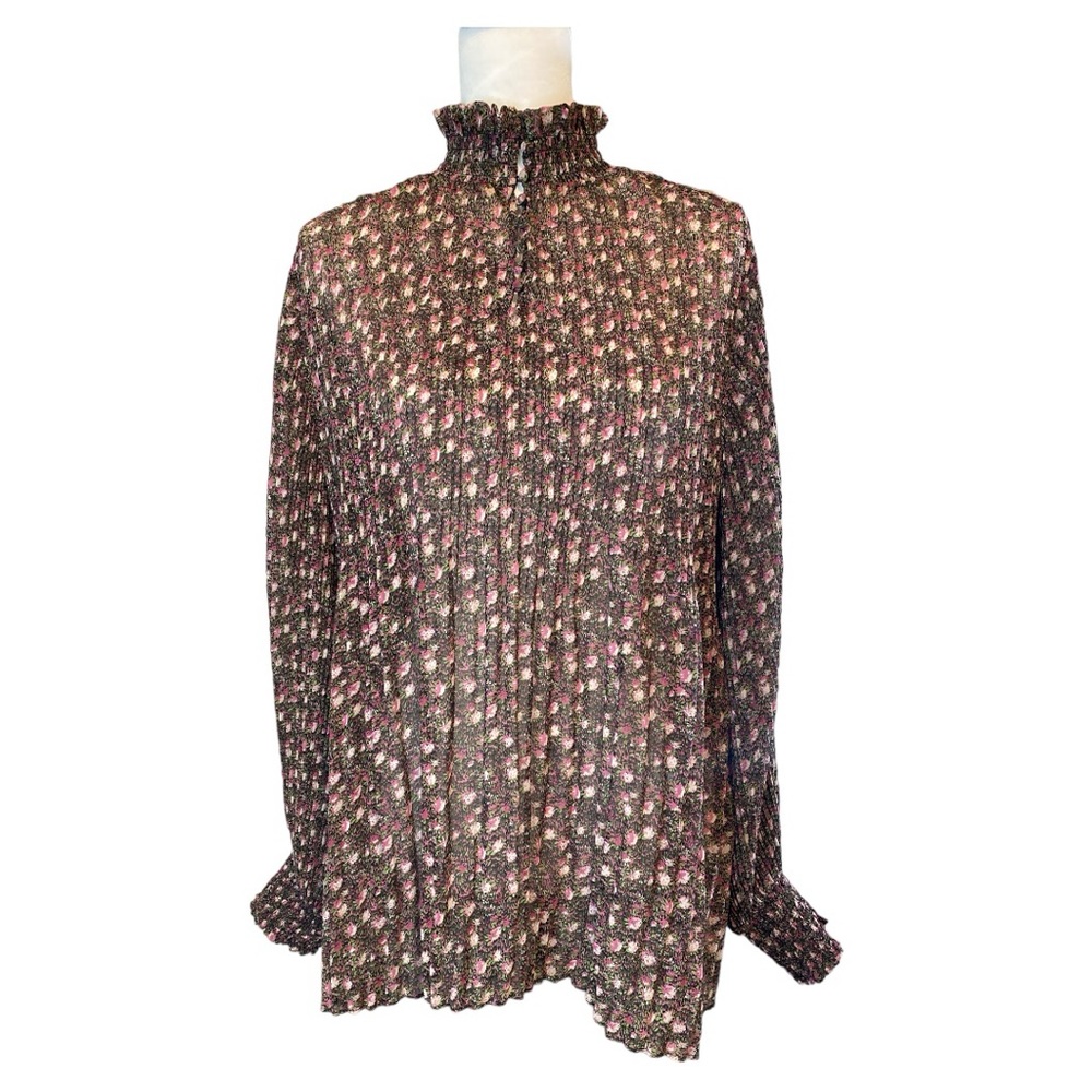 Cabi Knife Pleat Blouse Loose Fit Flowy Floral Print Balloon Sleeves Size M